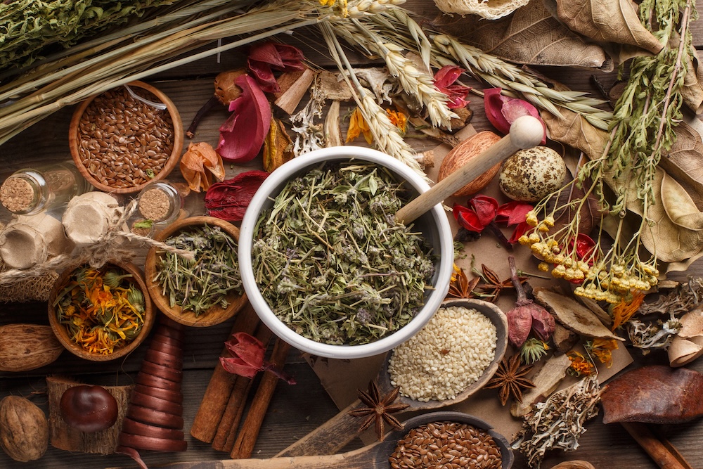 Bunch Of Healing Herbs On Wooden Board. Herbal Medicine. Top View.